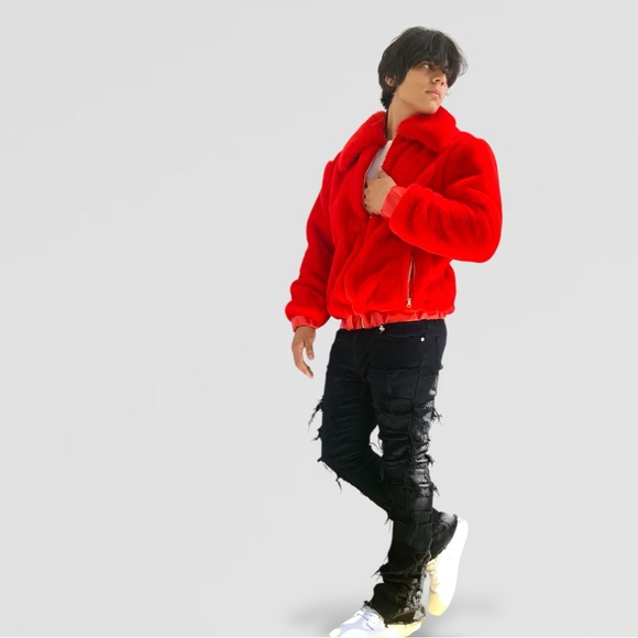 Men’s Fashion Faux Fur Red Fuzzy Jacket NWT - Picture 4 of 9